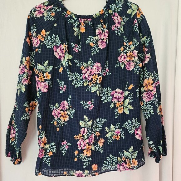 Lauren Conrad Floral Blouse Size Med Flowy Popover Navy - Picture 4 of 9